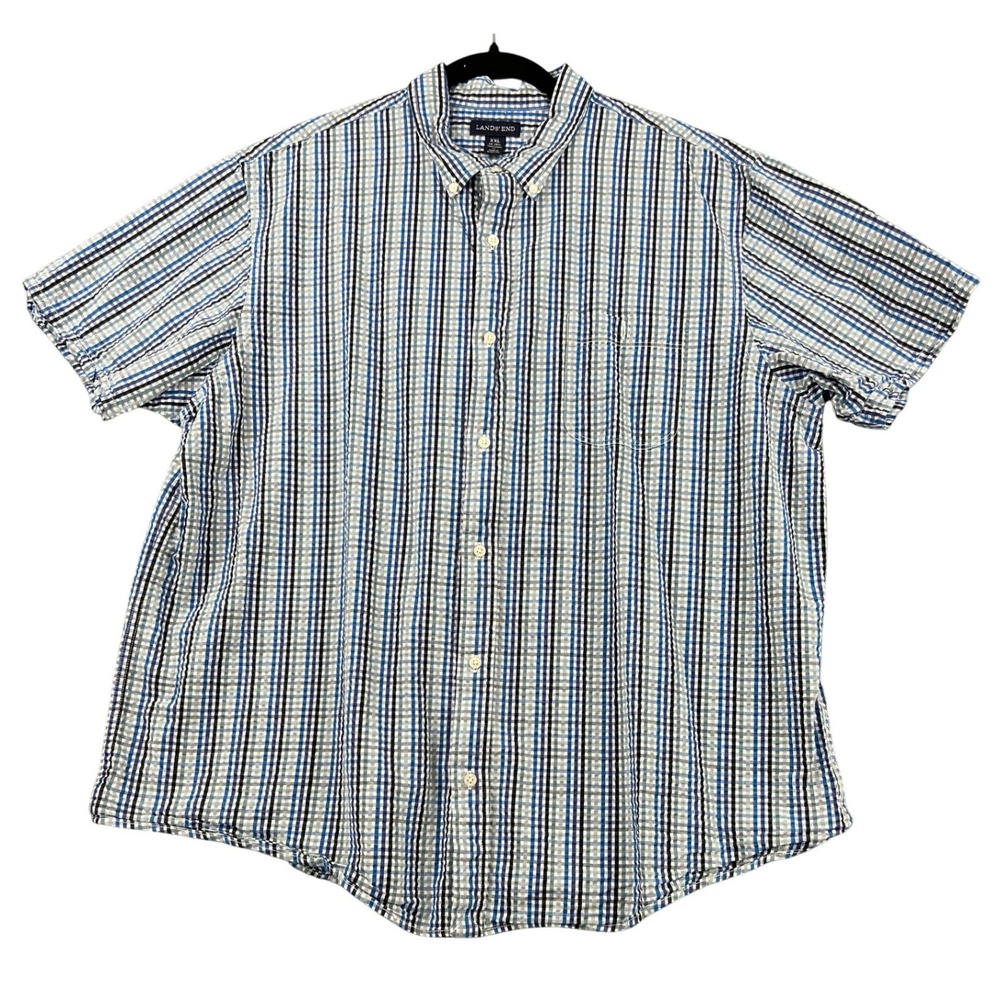 Lands End Mens 2X Traditional Fit Seersucker Short Sleeve Button Down Shirt Blue